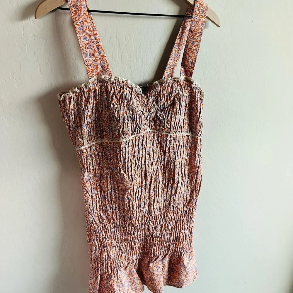 Zara Women’s Orange Floral Ruffle Smocked Mini Bodycon Boho Dress NWOT Size L - Picture 3 of 8